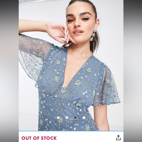 ASOS Dresses & Skirts - ASOS DESIGN flutter sleeve maxi dress with trailing floral embellishment in blue